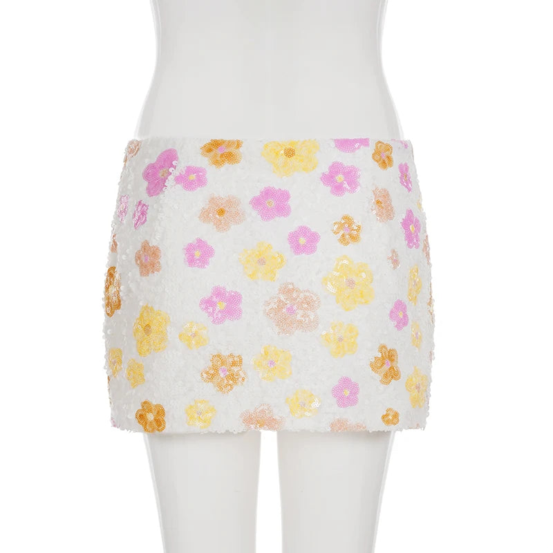Colorful Floral Sequin Mini Skirt Low Waist Bodycon