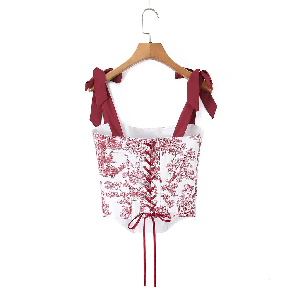 Sexy Women's Print Corset Top Bow Tie Straps Lacing Up Back Top