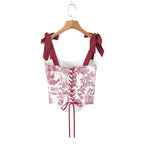 Sexy Women's Print Corset Top Bow Tie Straps Lacing Up Back Top