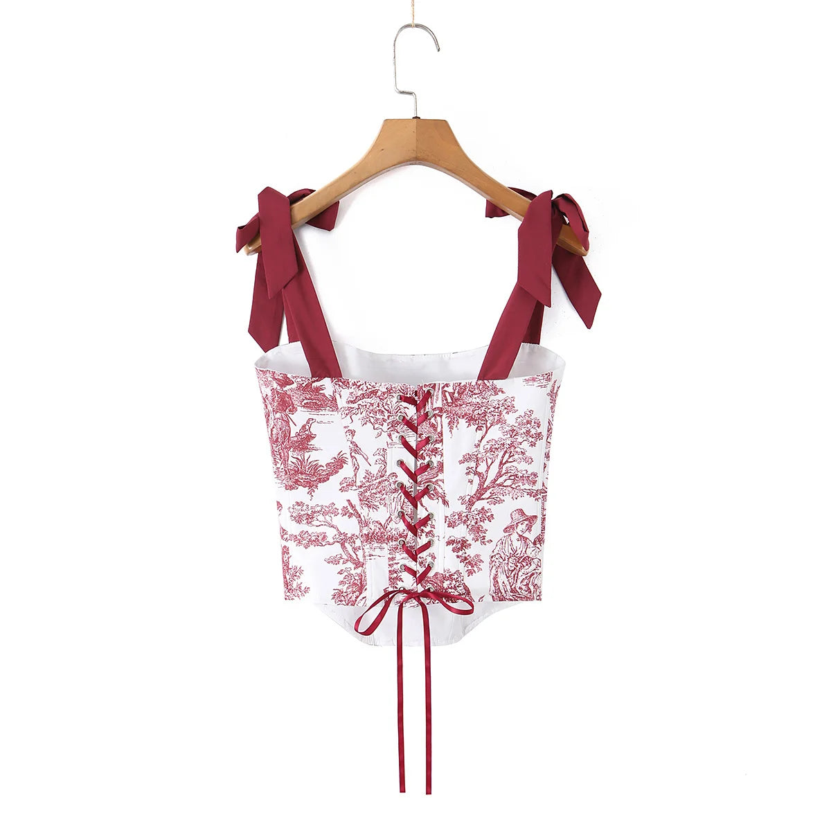 Sexy Women's Print Corset Top Bow Tie Straps Lacing Up Back Top