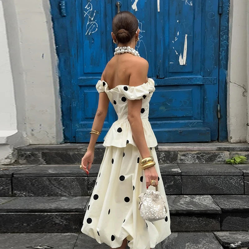 Fashion Women's Lady Suit Halter A-line Tops Bud Loose Skirt Polka Dot Set