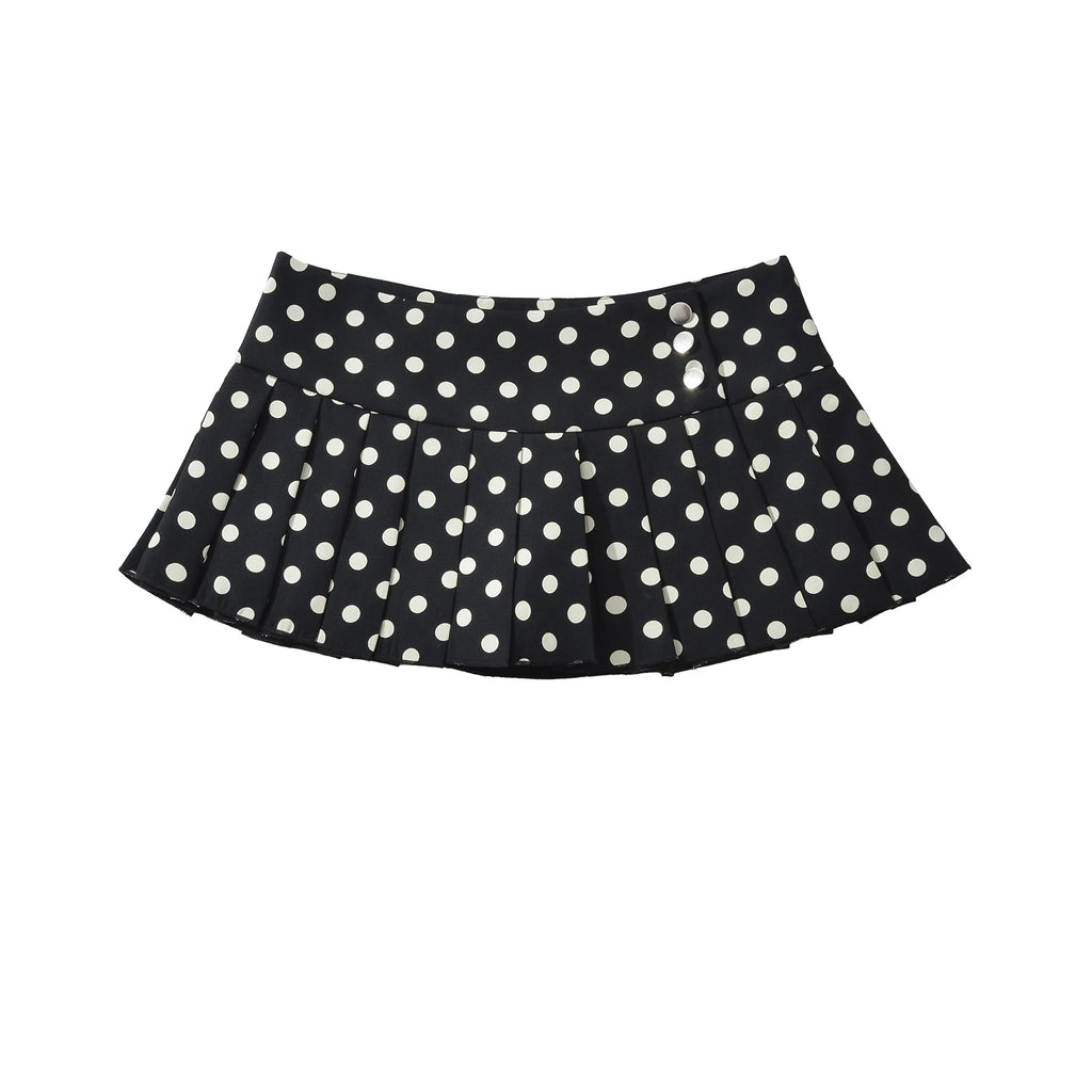 Black Polka Dot Pleated Mini With Shorts Lining Low Waist Skater Style Button Details