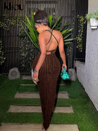Ruched Spaghetti Strap Maxi Dress Backless Bandage For Women