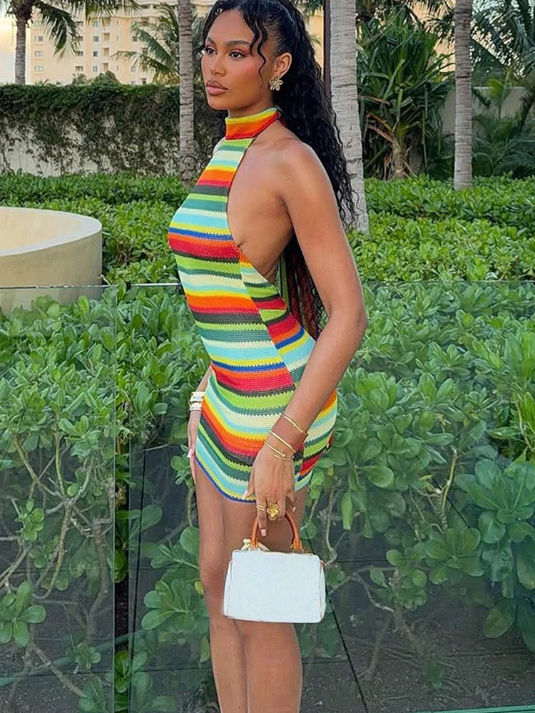 Stripe Patchwork Bodycon Mini Dress Halter Backless Off Shoulder