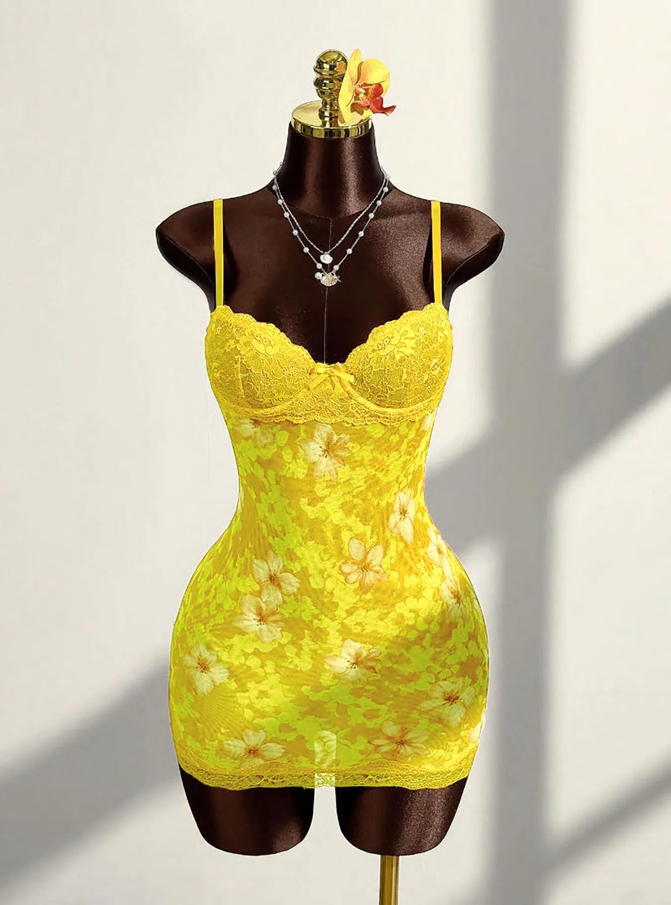 Lace Mini Dress With Spaghetti Straps High Waist Backless Retro Print