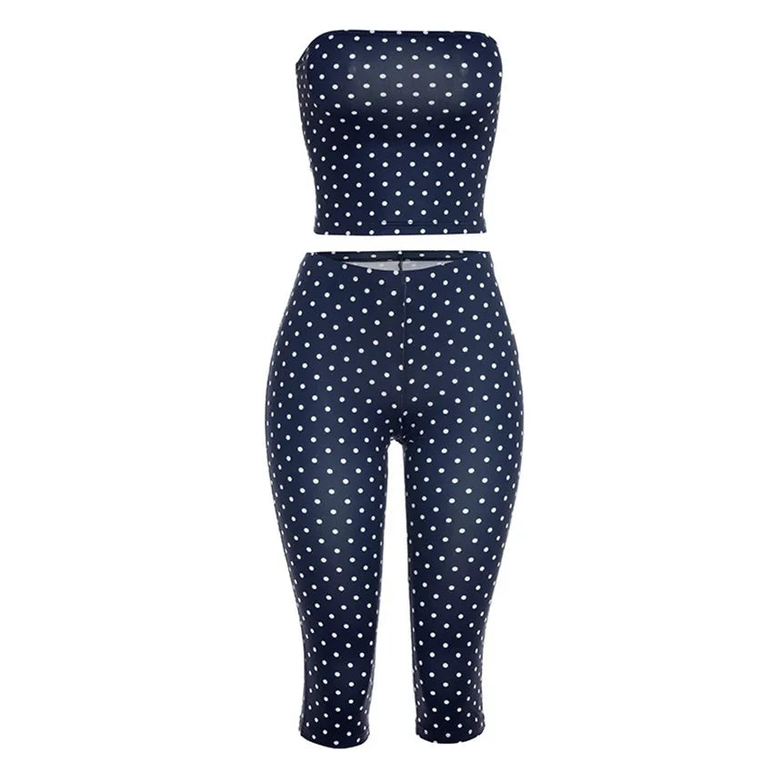 Vintage Polka Dot Two Piece Set Strapless Tube Top And Capri Pants