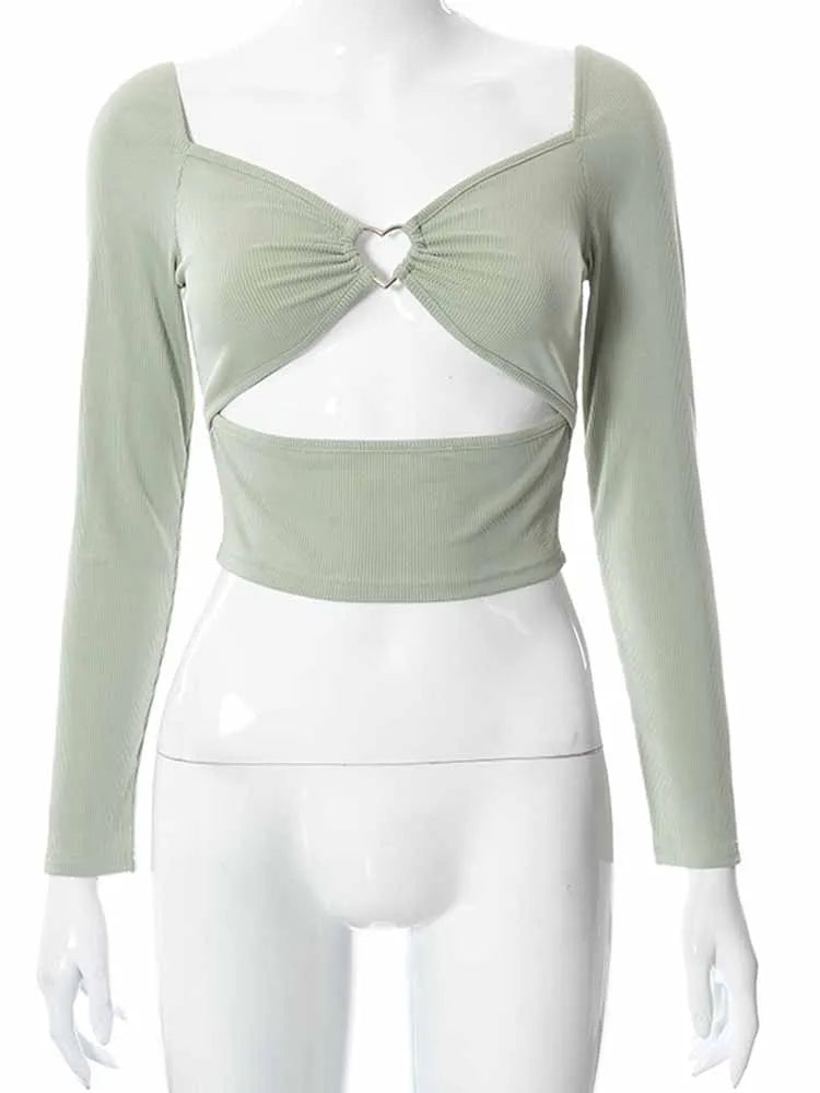 Hollow Out V Neck Ribbed Backless Crop Top With Long Sleeves And Square Collar