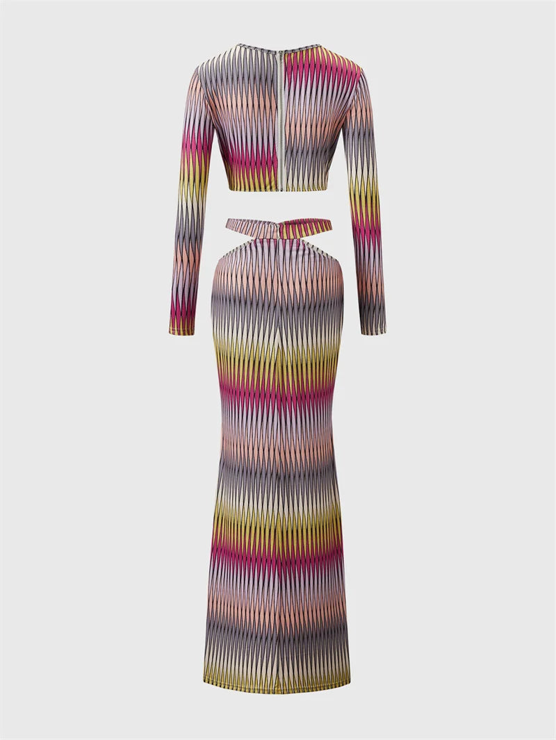 Contrast Print Crop Top And Fish Tail Long Sleeve Skirt Set Two-piece