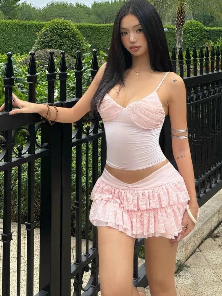 Retro Style Set For Summer Elegant Backless Camisole Top And Tiered Mini Skirt