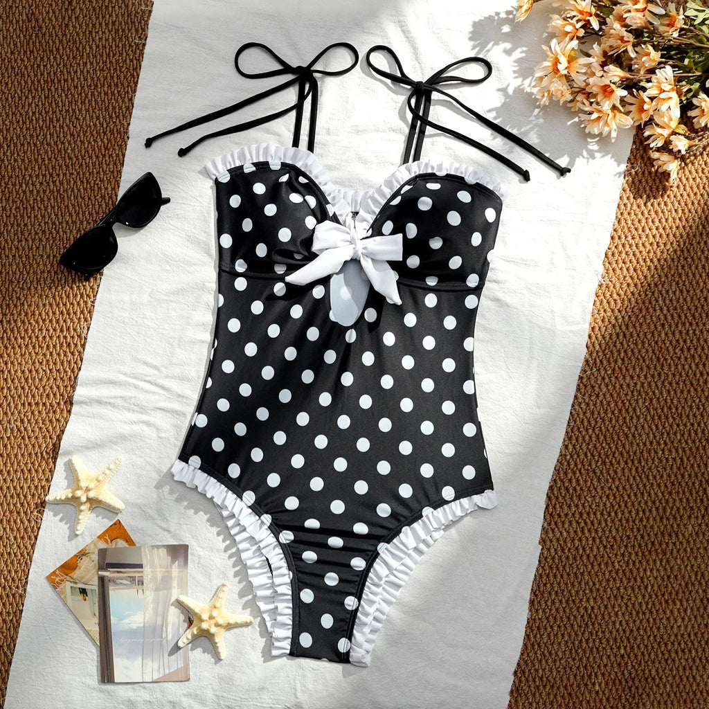 Vintage Black Polka Dot One Piece Swimsuit With Hollow Out Front And Bow Ruffle Lace Trim