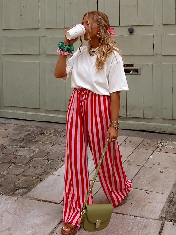 Relaxed Striped Pants For Women With Elastic Waist And Lace Up Detail Wide Leg Straight Trousers
