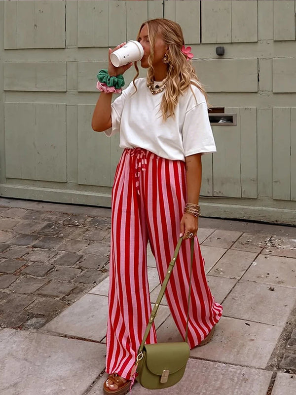 Relaxed Striped Pants For Women With Elastic Waist And Lace Up Detail Wide Leg Straight Trousers