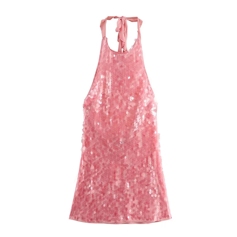 Glam Sequin Halter Mini Dress Backless Party Gown