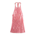 Glam Sequin Halter Mini Dress Backless Party Gown