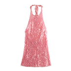 Glam Sequin Halter Mini Dress Backless Party Gown