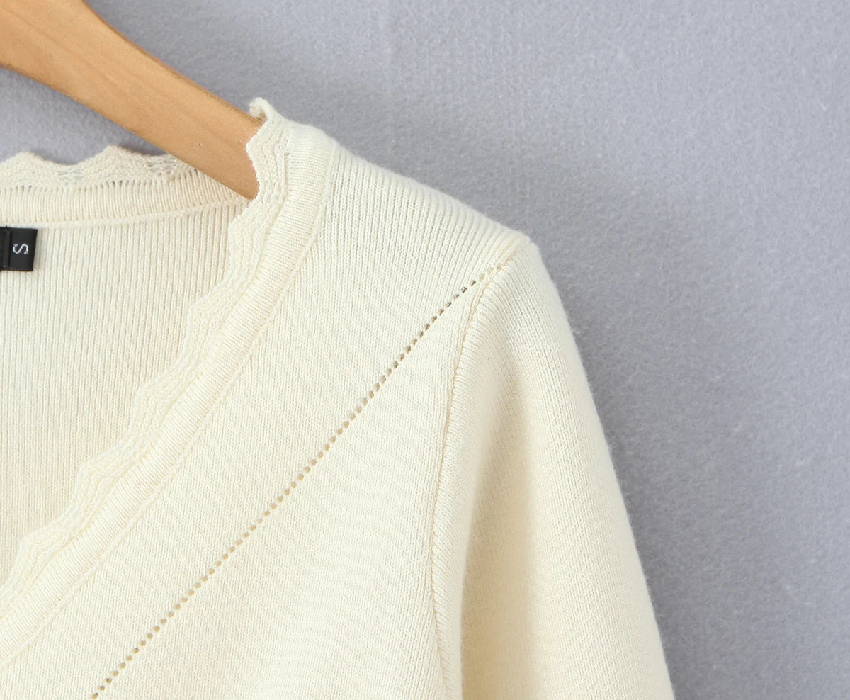Hollow Crochet Knit Cropped Sweater in Beige and Red Long Sleeve Knit Top for Women