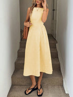Slimming Vertical Stripe Sleeveless Dress With Elegant Flair