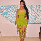 Elegant Halter Backless Ruffles Mini Dress Slim Fit With Tassel Detail