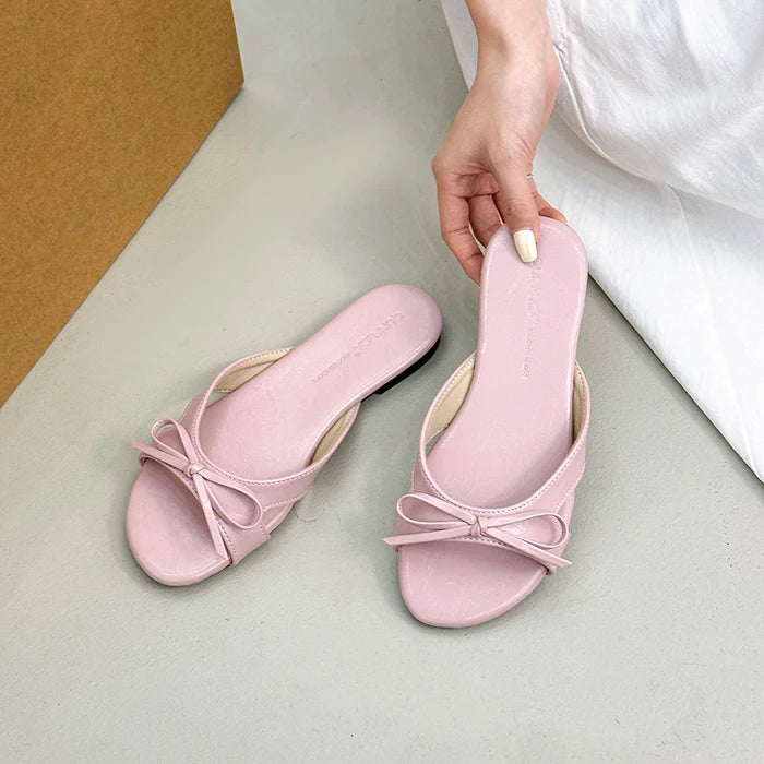 Butterfly Knot Open Toe Slides For Women Non Slip Flats