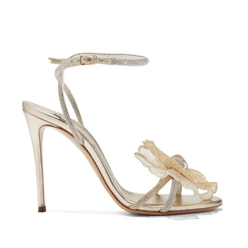 Spirulina Colored Rhinestones Organza Flowers Sandals Wisteria Straps High Heels