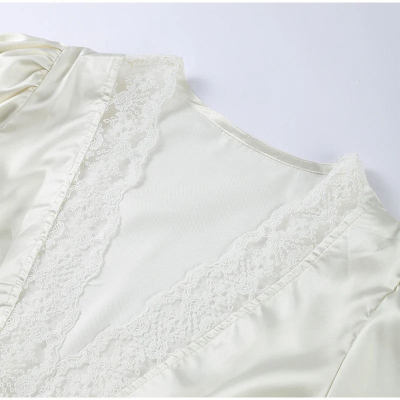 Lace Splicing Female Chic Bow Lace-up V Neck Short Sleeve Shirt