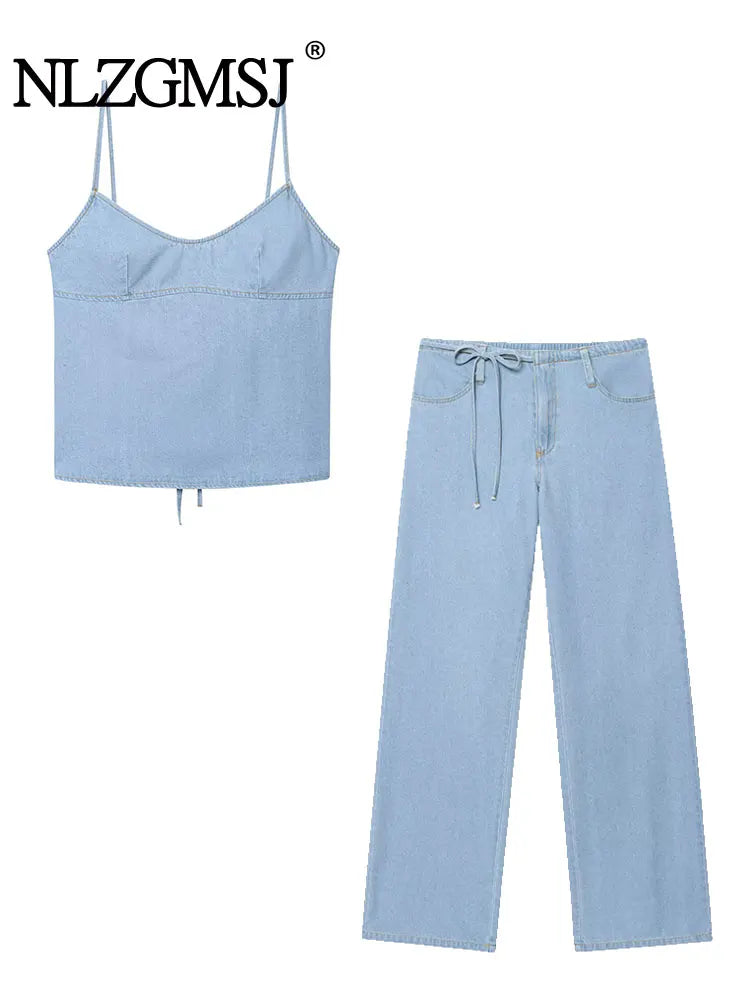 Two-piece Set For Women With Backless Top And Casual Cowboy Pants Ensemble