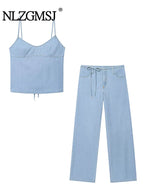 Two-piece Set For Women With Backless Top And Casual Cowboy Pants Ensemble