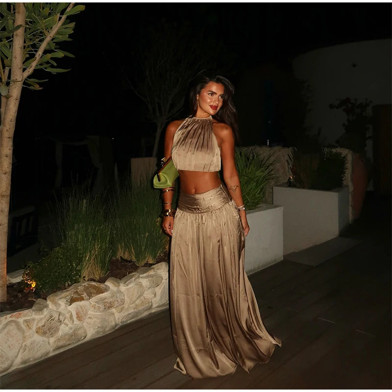 Two Piece Set Solid Color O Neck Top With Backless Lace Up And High Waist A Line Skirt