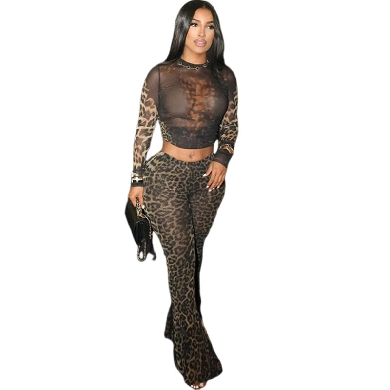 See Through two piece Set With Full Sleeve Crop Top And Skinny Pants