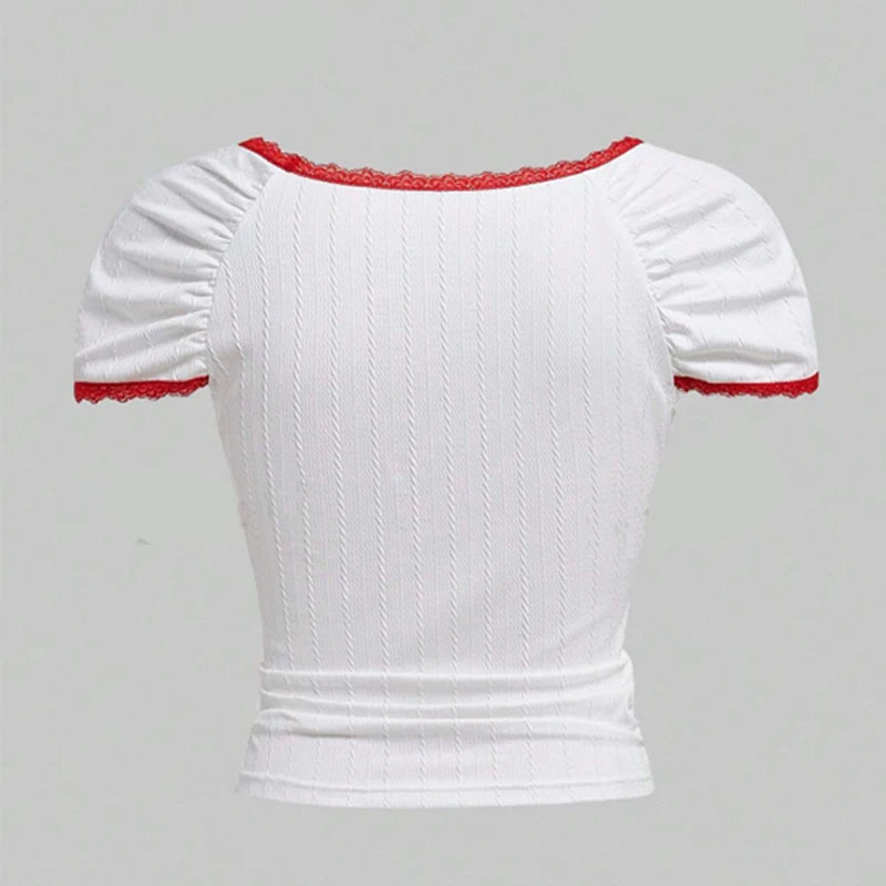 Cherry Print Lace Trim Crop Top