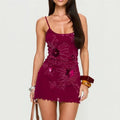 Sequin Floral Bodycon Mini Dress With Spaghetti Straps Patchwork Lace And Ruffled Hem