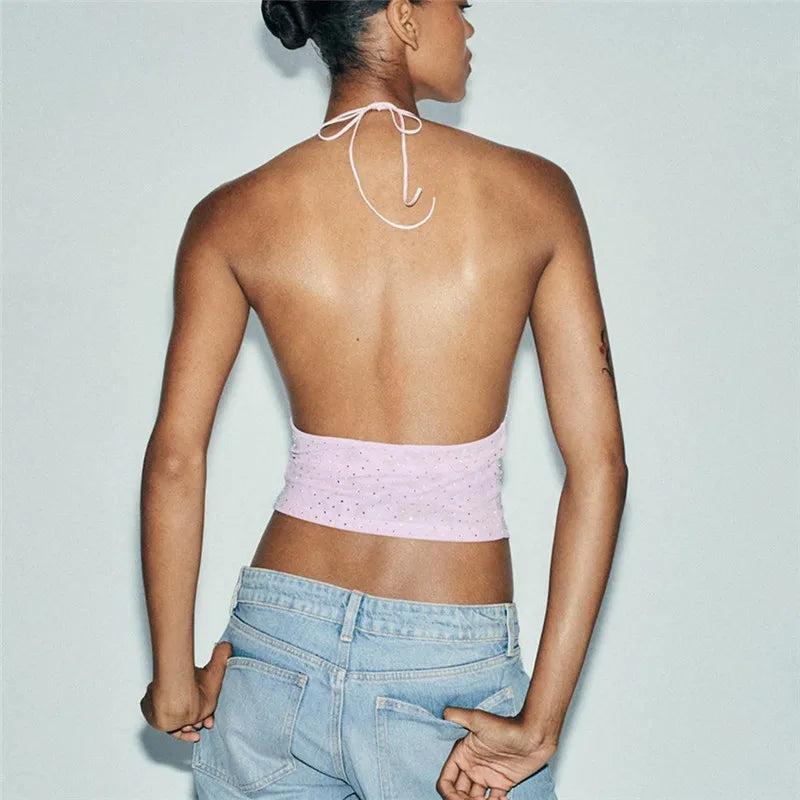 Summer Sparkle Lace Up Halter Crop Tank Top With Backless Sequins And Triangle Hem