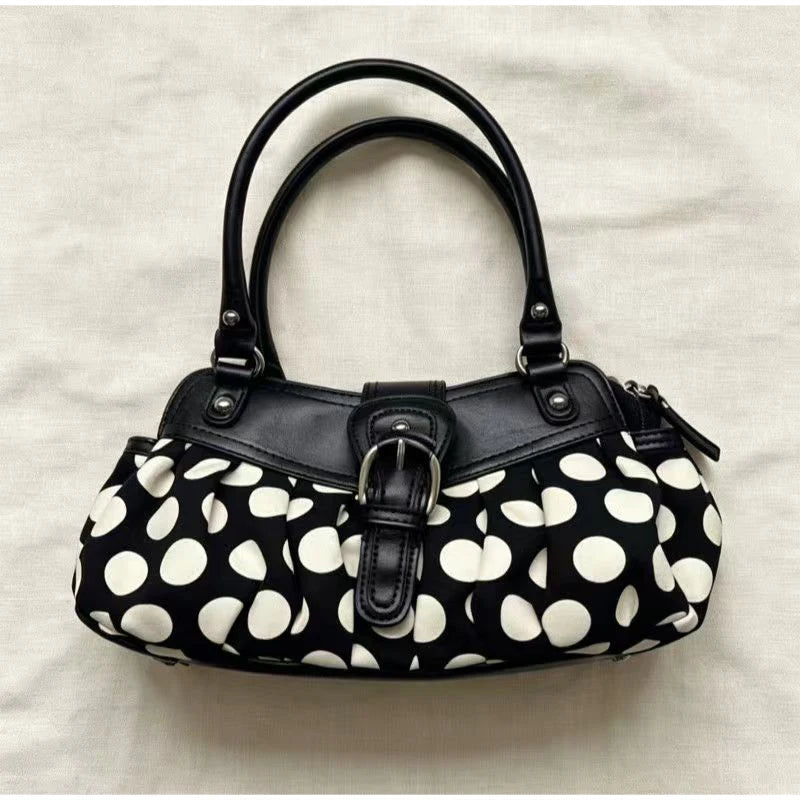 Retro Polka Dot Underarm Bag For Women With Belt Buckle Patchwork Rivet Design Everyday Vintage Charm