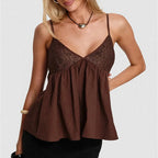 Babydoll V Neck Spaghetti Strap Camisoles with Lace Trim Loose Hem