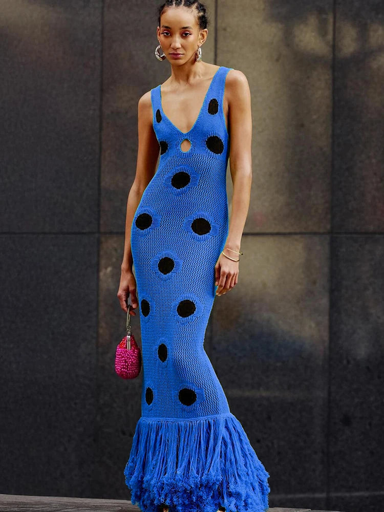 Midnight Sleeveless Knit Maxi Dress With Hollow Dot Tassel Hem