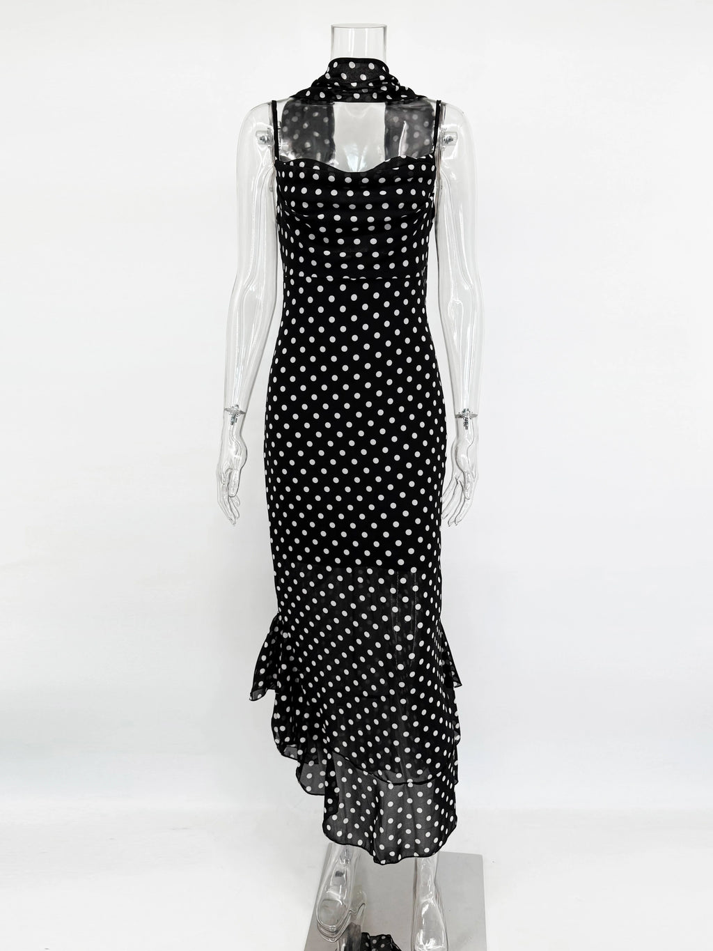 Elegant Polka Dot Halter Sleeveless Maxi Dress With Pleated Skirt And Ribbon Scarf