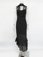 Elegant Polka Dot Halter Sleeveless Maxi Dress With Pleated Skirt And Ribbon Scarf