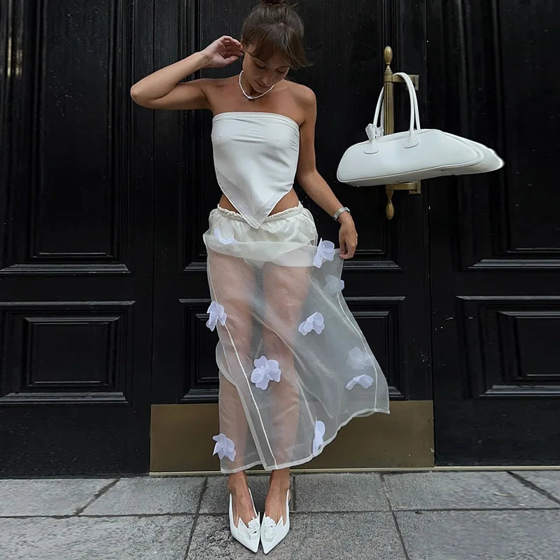 See Through Mesh Skirt With 3D Floral Embroidery High Waist Maxi