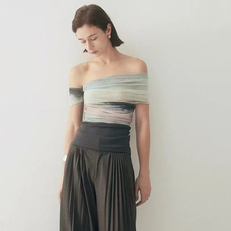 Bold Tie Dye Mesh Crop Top With Slash Neck And Patchwork
