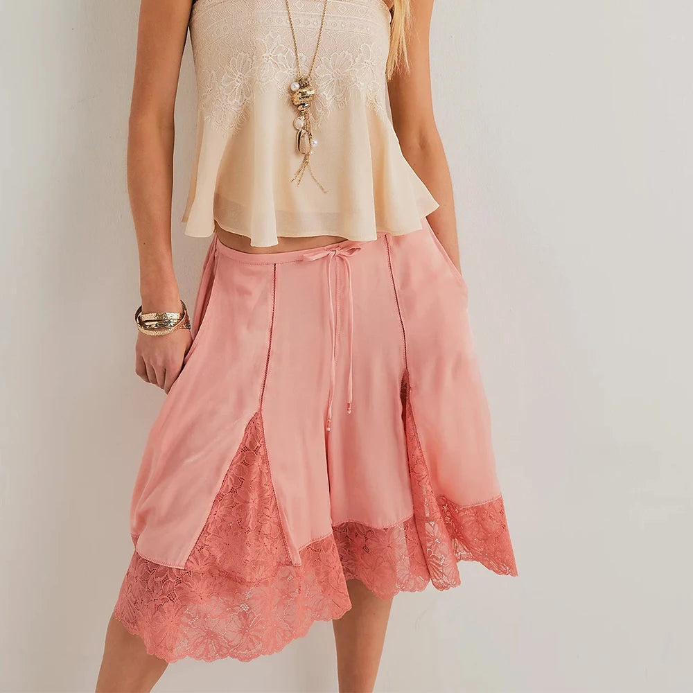 Y2K Lace Floral Bloomers Midi Pants With Silk Satin Patchwork Ruffles