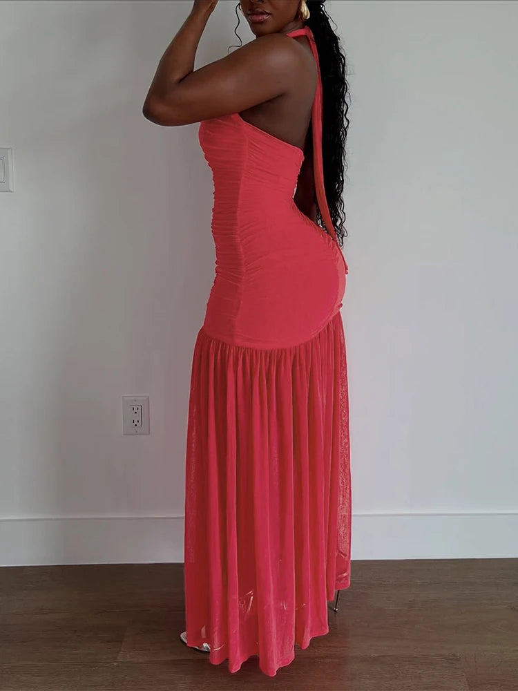Nibber See Through Hem Halter Maxi Dress Backless Patchwork Bodycon