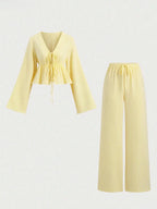 Striped Lace Up Two Piece Set V Neck Top And Elastic Waist Pants
