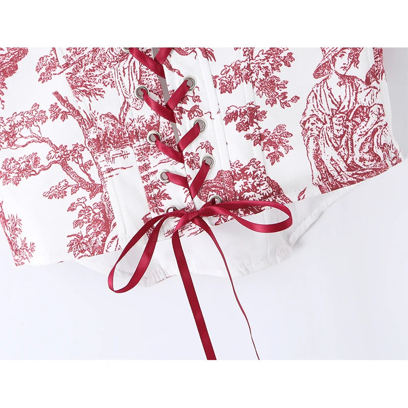 Sexy Women's Print Corset Top Bow Tie Straps Lacing Up Back Top