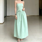 Strapless Bow Tie Maxi Dress With Cinched Waist Elegant Flowing A Line Gown