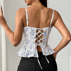 Floral Print Coquette Crop Corset Top With Spaghetti Straps And Ruffle Hem