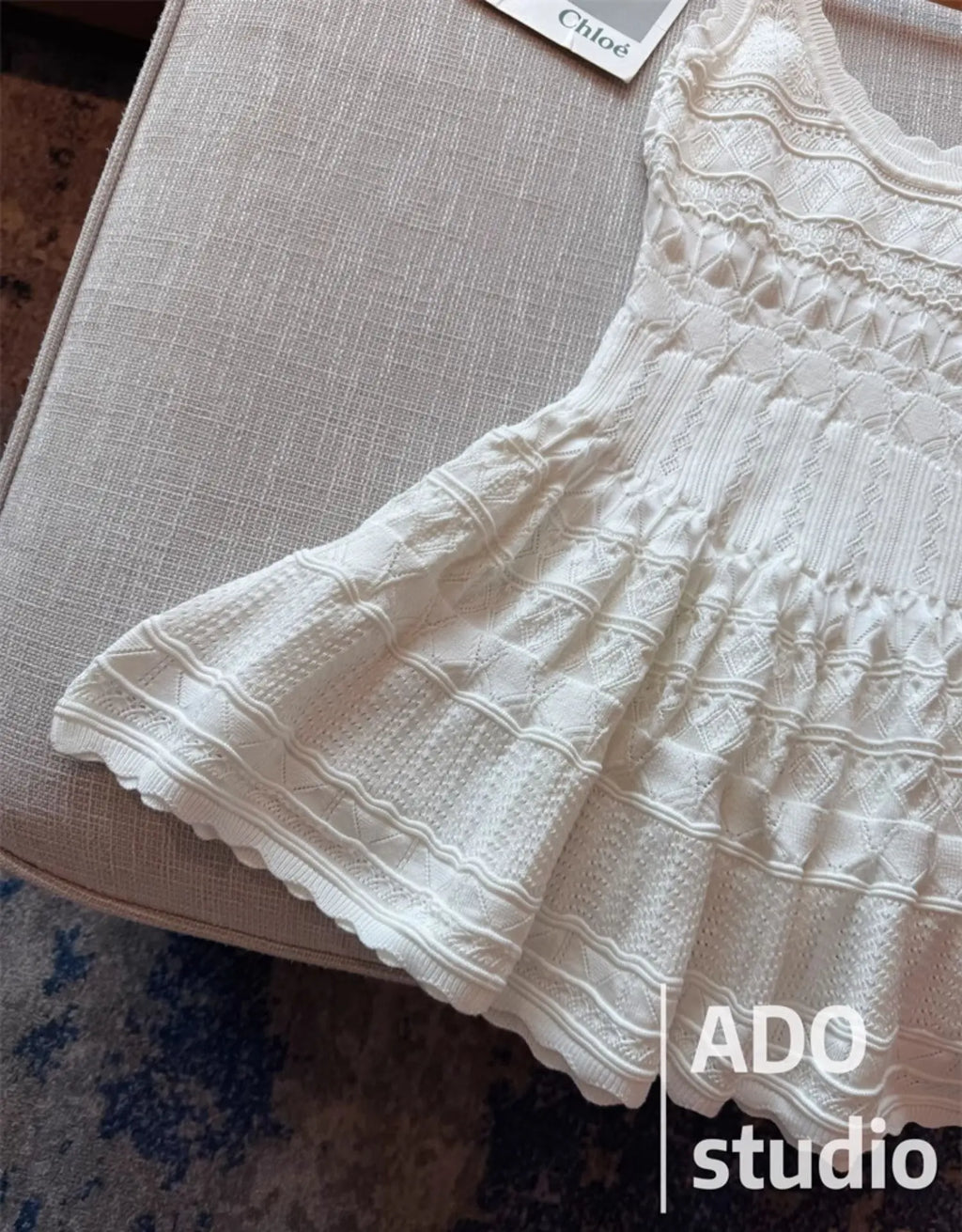 A Line Dress With Ruffled Knitted Vest For Women French Style