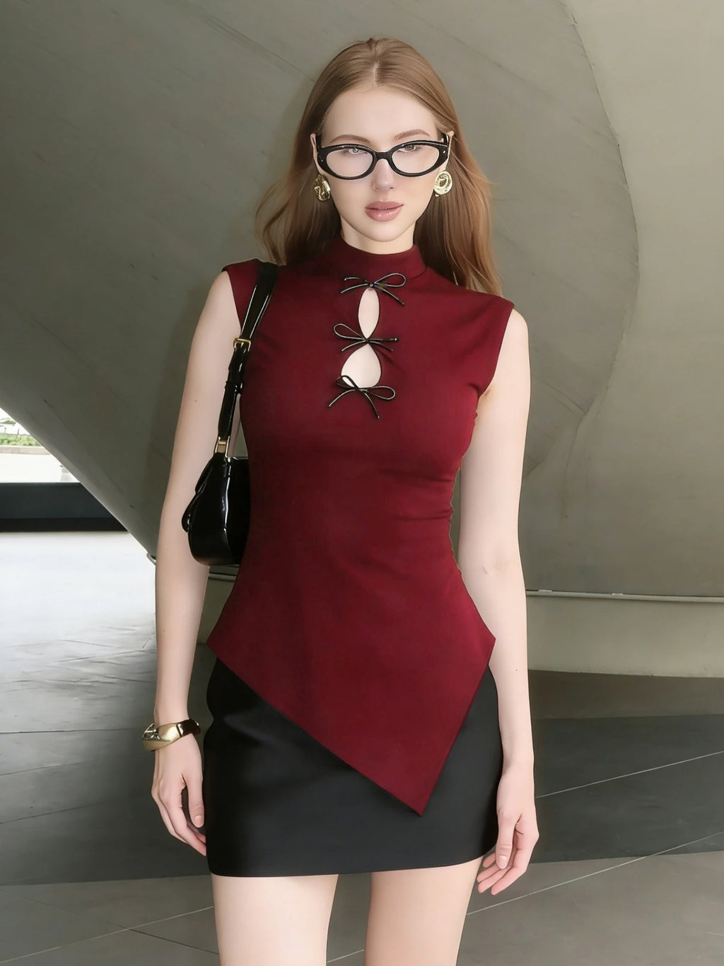 High Neck Hollow Out Bow Top