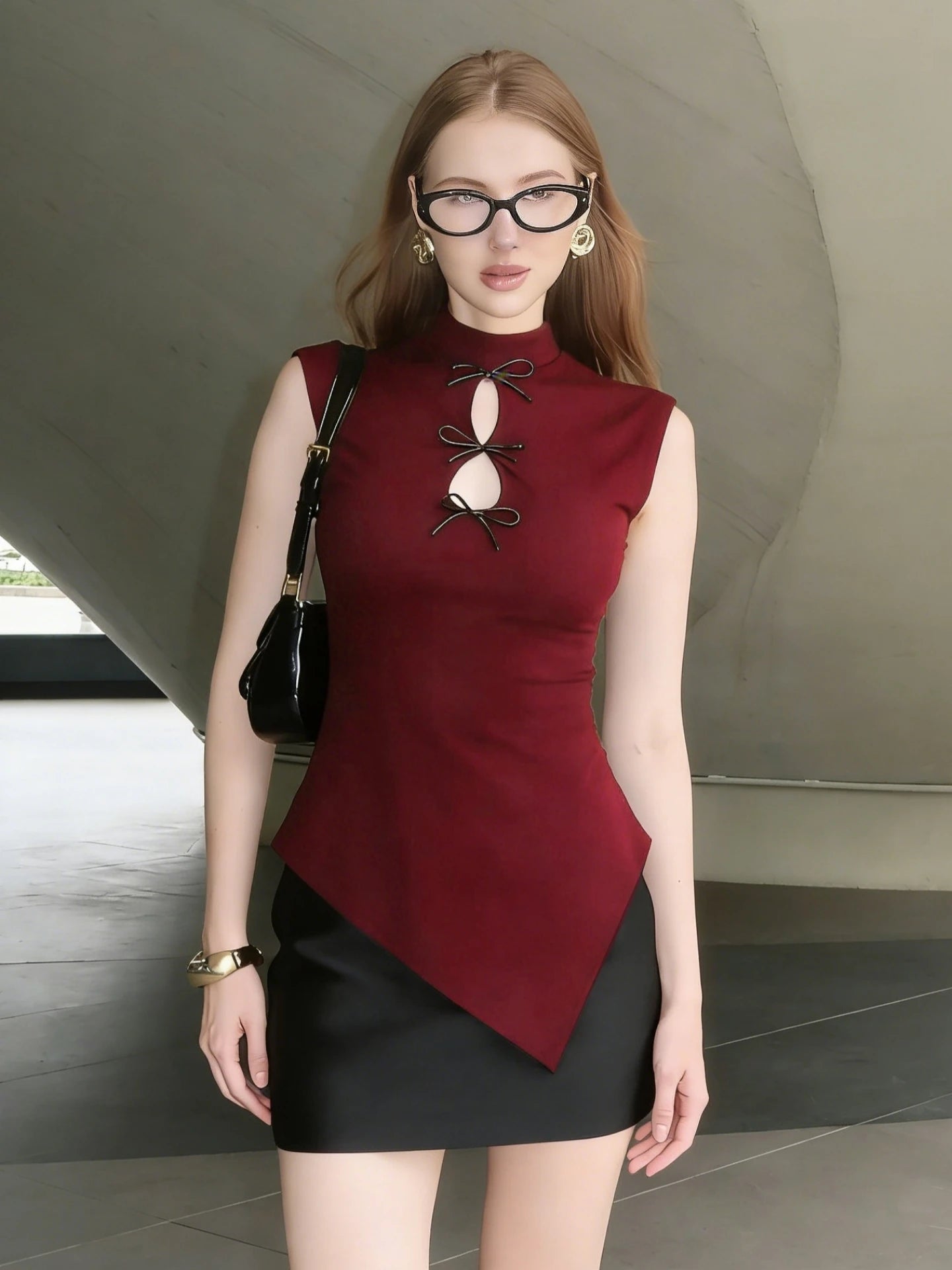 High Neck Hollow Out Bow Top