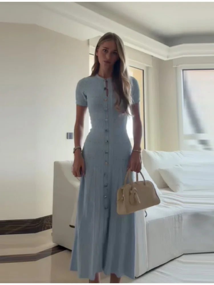 Baby Blue Knit Midi Dress With Button Front Short Sleeves Ruffles Slim Fit