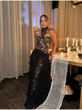 Black Lace Patchwork Halter Dress With Sheer Panels Gown